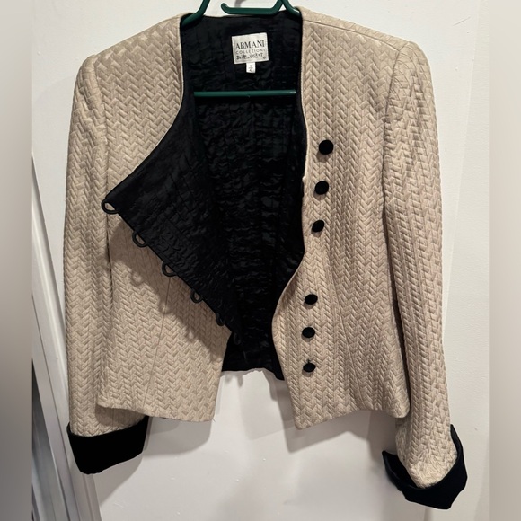 Armani Collezioni silk wool cream black blazer jacket fitted quilted chevron US6 - Picture 2 of 7